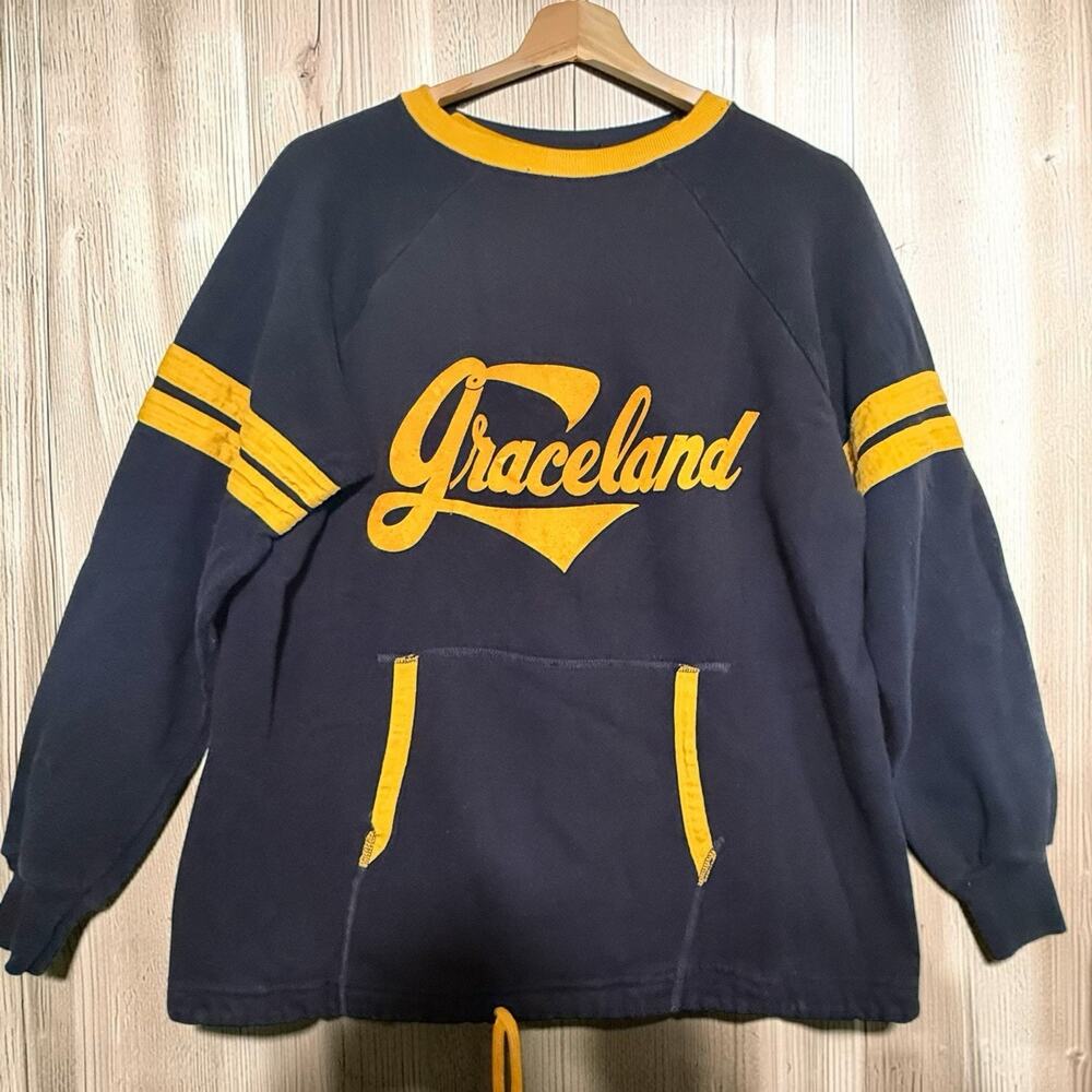 VTG 80s Graceland Athletic Sweatshirt SIZE XL Pouch Navy Blue Yellow USA Retro